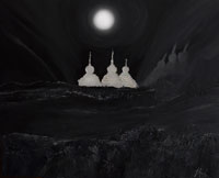 Weiße Sonne und ein Traum von drei Stupas (Öl, 80x100)